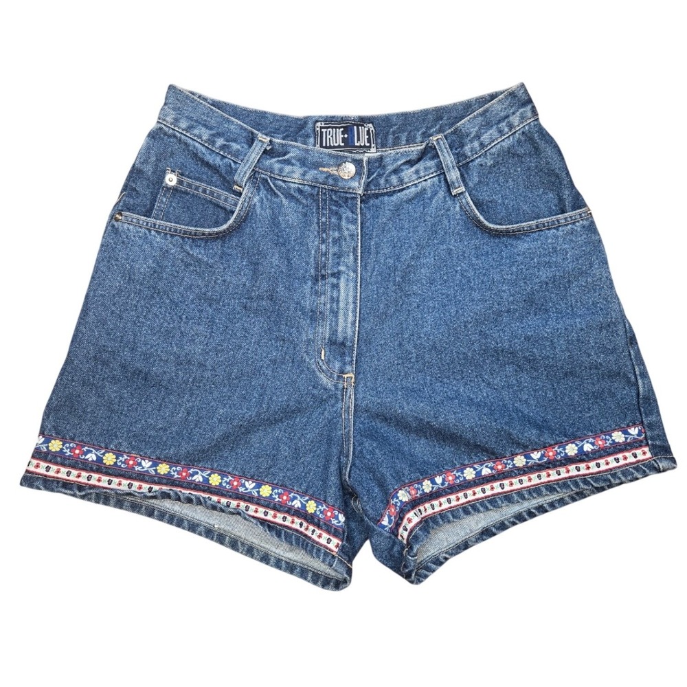 Vintage 90s Denim Shorts High Waisted Embroidery Boho Hippie True Blue Size 9/10